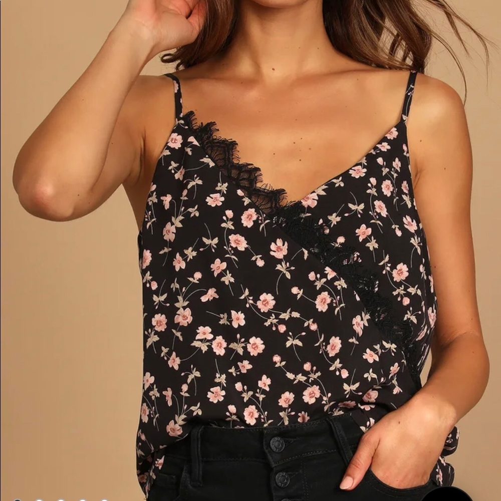 Lulu’s Classically Sweet Black Floral Print Lace Cami Top
